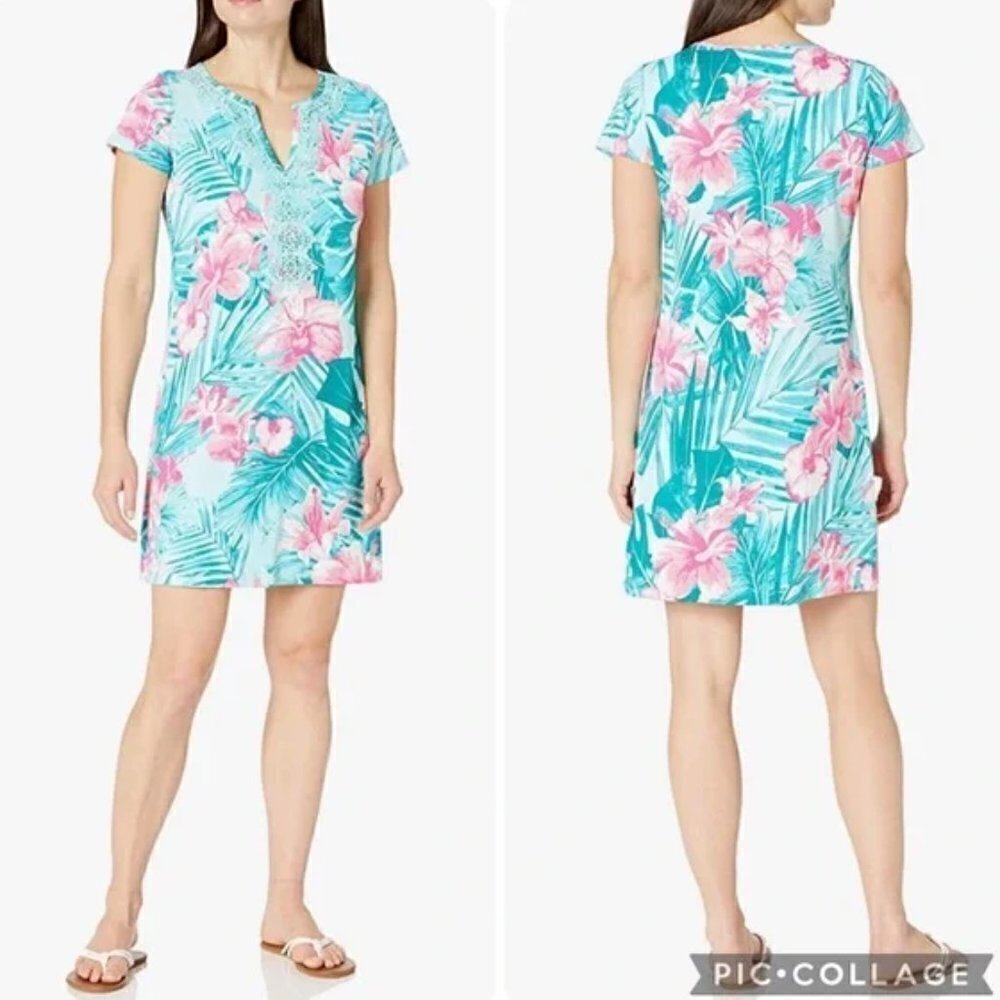 💕CARIBBEAN JOE💕 V-neck Embellished Dress ~ Tropical Floral Print Medium M NWT